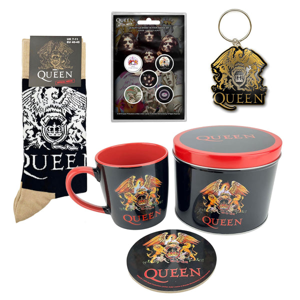 Queen Gift Set with Mug, Coaster & Tin, Keychain, 5 x button badges, pair of socks