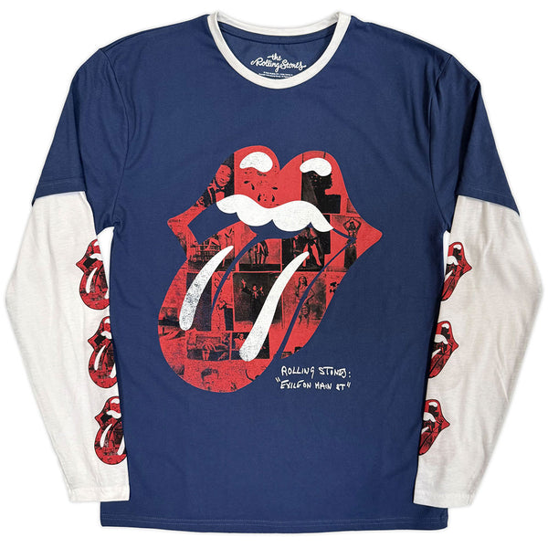 The Rolling Stones | Official Band Layered Long Sleeve T-Shirt | Collage Tongue (Denim Blue & White) (Sleeve Print)