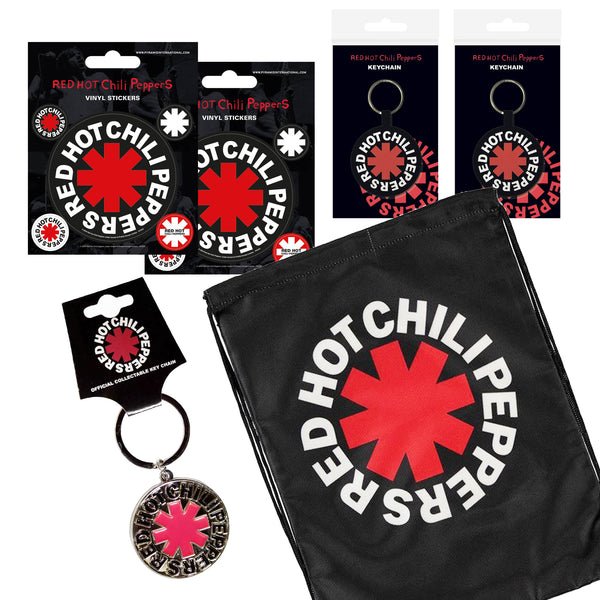 Red Hot Chili Peppers Gift Set with Draw-string bag, metal Keychain, 2 x Vinyl Sticker Pack and 2 x Woven Keychain