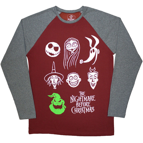 The Nightmare Before Christmas | Official Movie Raglan T-Shirt |Stacked Faces (Embellished)