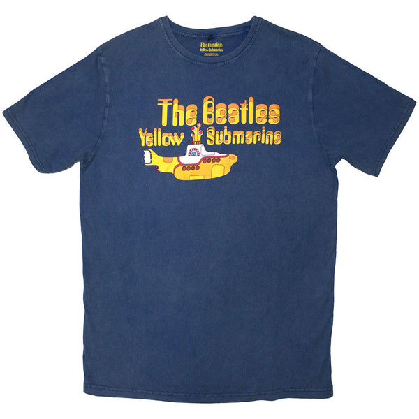 The Beatles | Official Stone Wash Band T-Shirt | Logo & Sub (Denim Blue)