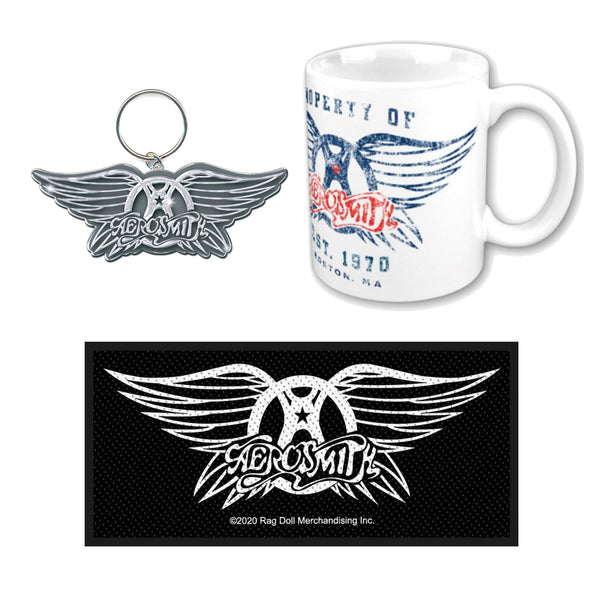Aerosmith Gift Set with boxed coffee mug, keychain and woven patch