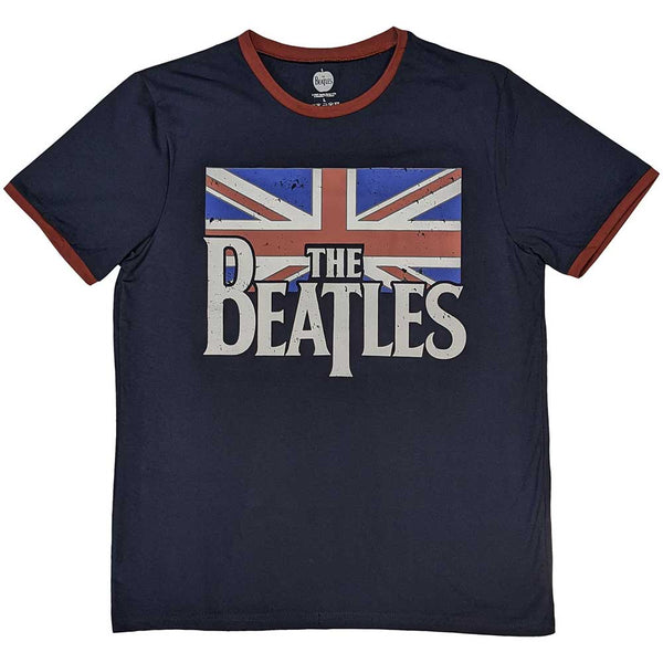 The Beatles | Official Band Ringer T-Shirt | Drop T Logo & Vintage Flag