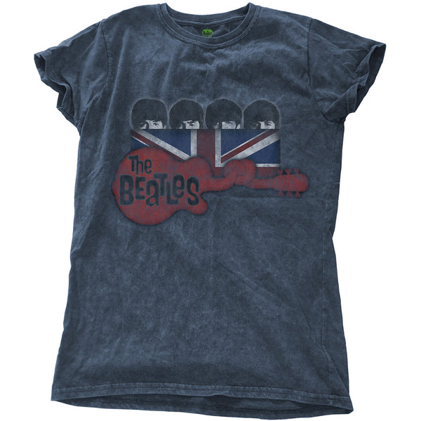 The Beatles Ladies Fashion T-Shirt: Guitar & Flag (Snow Wash)