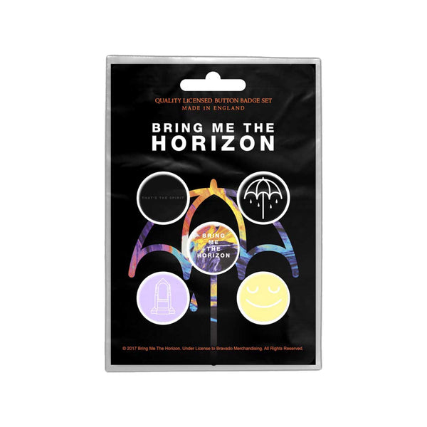 Bring Me The Horizon gift set with boxed Coffee Mug, Drink Coaster, Drawstring Bag and 5 x button badges