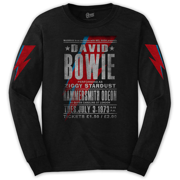 David Bowie Unisex Long Sleeved T-Shirt: Hammersmith Odeon (Arm Print)