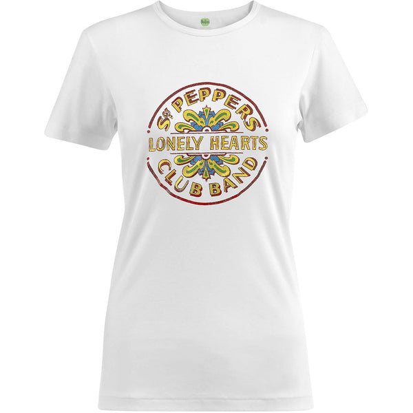 The Beatles Ladies Fashion T-Shirt: Sgt Pepper Drum Colour with Foiled Application