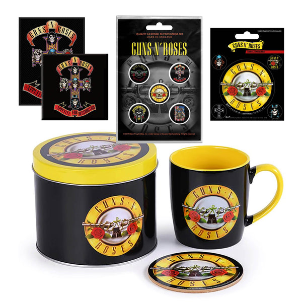 Guns N' Roses Gift Set with Coffee Mug & Drink Coaster set, Woven Patch, Button Badges Set of 5, Fridge Magnet, Vinyl Stickers