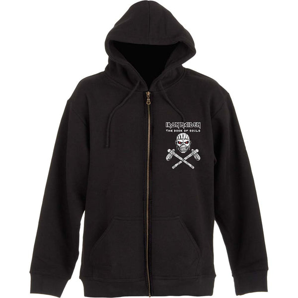 Iron Maiden Unisex Zipped Hoodie: Eddie Axe (Back Print)