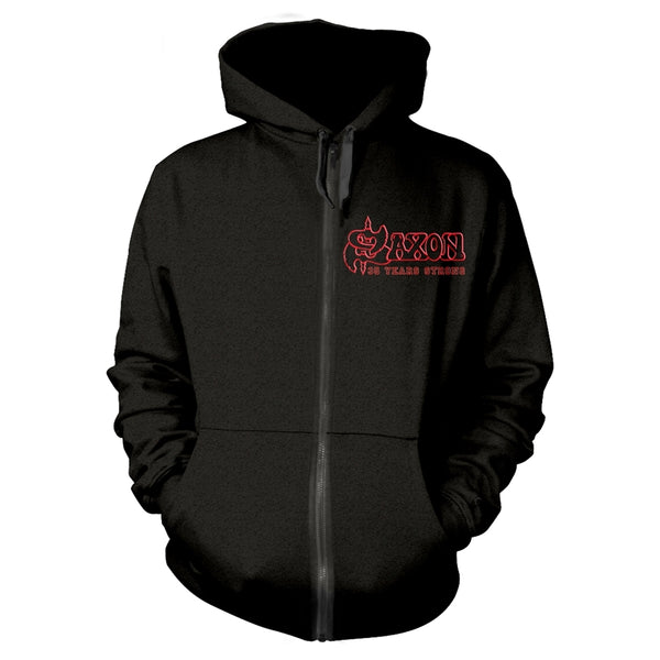 Saxon Unisex Zipped Hoodie: Strong Arm Of The Law (back print)