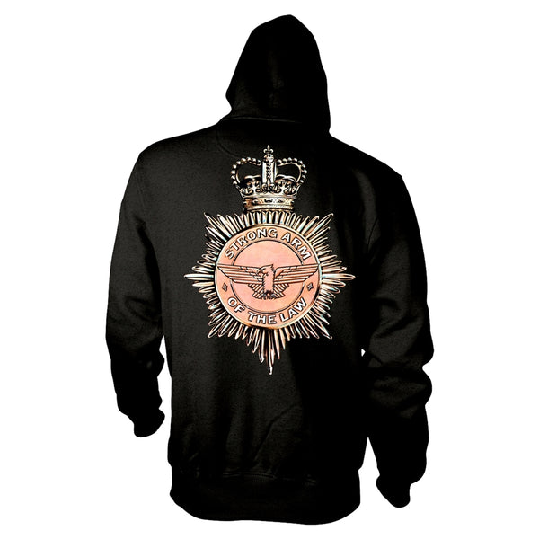 Saxon Unisex Zipped Hoodie: Strong Arm Of The Law (back print)