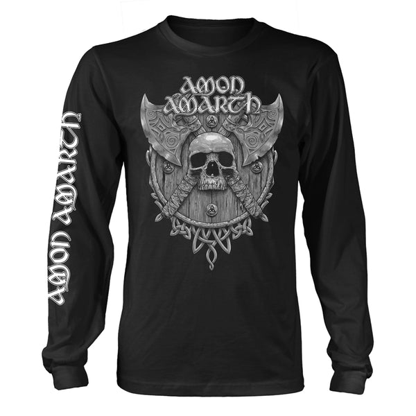 Amon Amarth Unisex Long Sleeved T-shirt: Grey Skull (Black) (back print)
