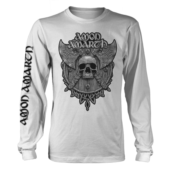 Amon Amarth Unisex Long Sleeved T-shirt: Grey Skull (White - Back Print)