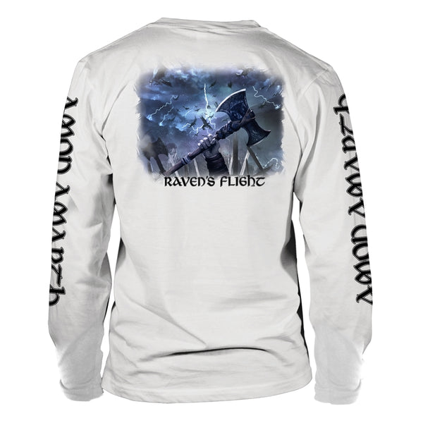 Amon Amarth Unisex Long Sleeved T-shirt: Raven's Flight (White - Back Print)