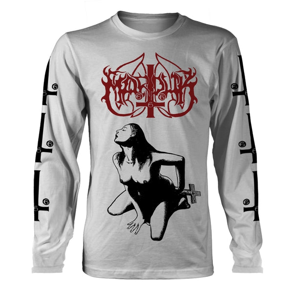 Marduk Unisex Long Sleeved T-shirt: Fuck Me Jesus (White) (back print)