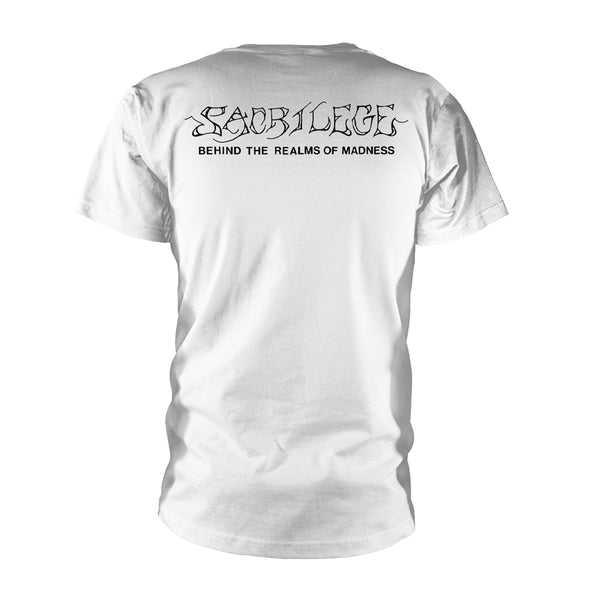 Sacrilege Unisex T-shirt: Behind The Realms Of Madness (White) (back print)