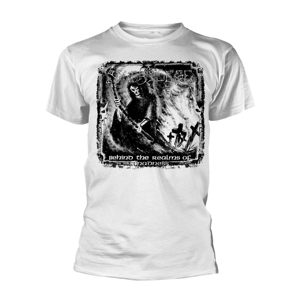 Sacrilege Unisex T-shirt: Behind The Realms Of Madness (White) (back print)