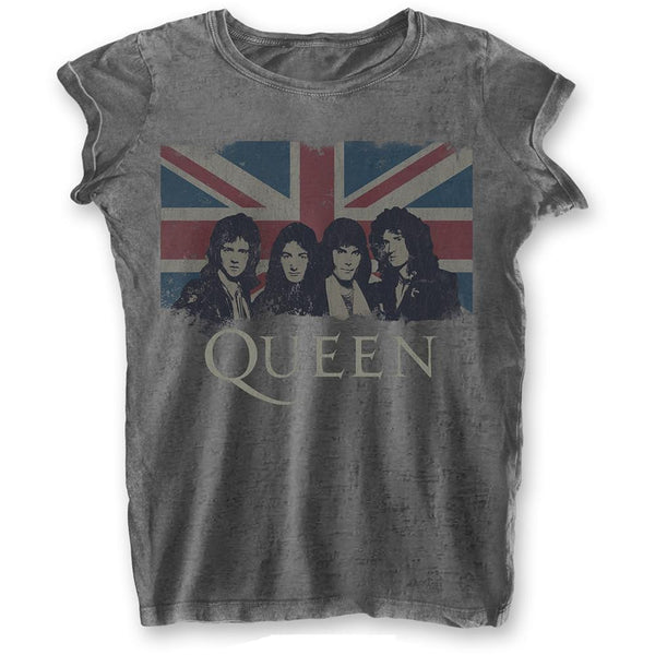 Queen Ladies T-Shirt: Vintage Union Jack (Burn Out)