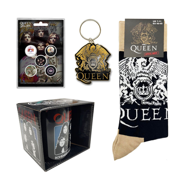 Queen Gift Set with boxed Coffee Mug, Keychain, 5 x button badges, pair of socks